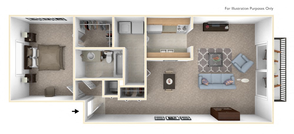 Floor plan for 1 bed, 1 bath, 755 sqft